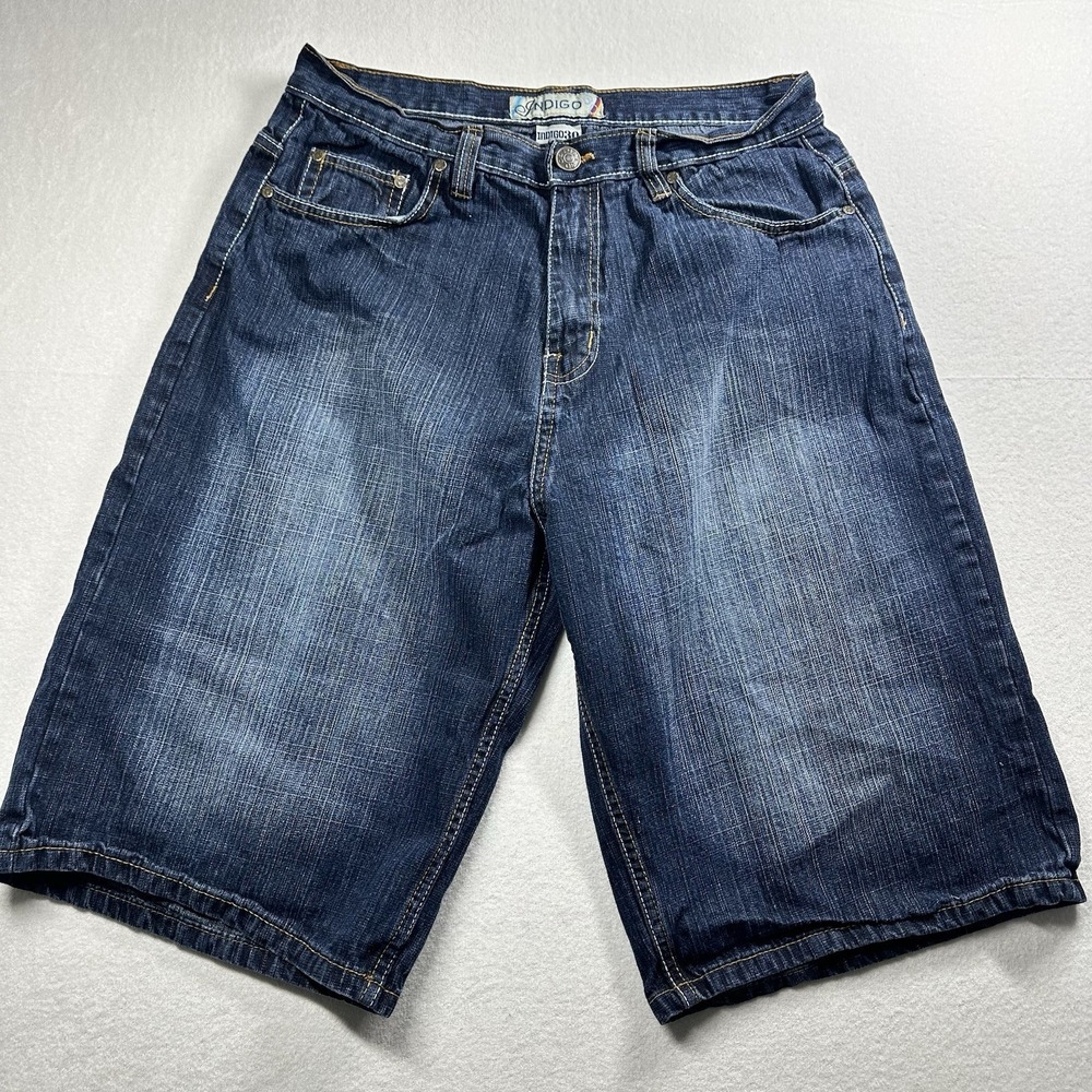 Indigo 30 Denim Jean Shorts Mens Size 36 Dark‎ Blue Embroidered Pockets Casual